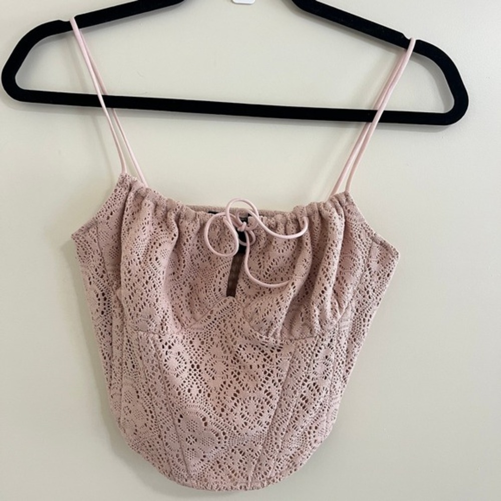 Y2K Crochet Lace Corset Milkmaid Top Medium Smocked Back Tie Front Coquette Crop